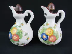 Vintage Ceramic Oil & Vinegar Dispenser Set with Floral Design & Wood Stoppers
