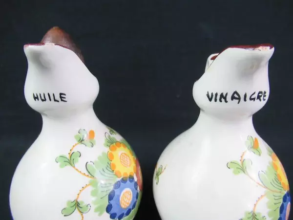 Vintage Ceramic Oil & Vinegar Dispenser Set with Floral Design & Wood Stoppers