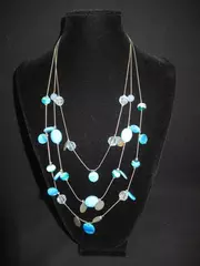 Triple Strand Adjustable Beaded Necklace Blue Silver Art Glass Beads