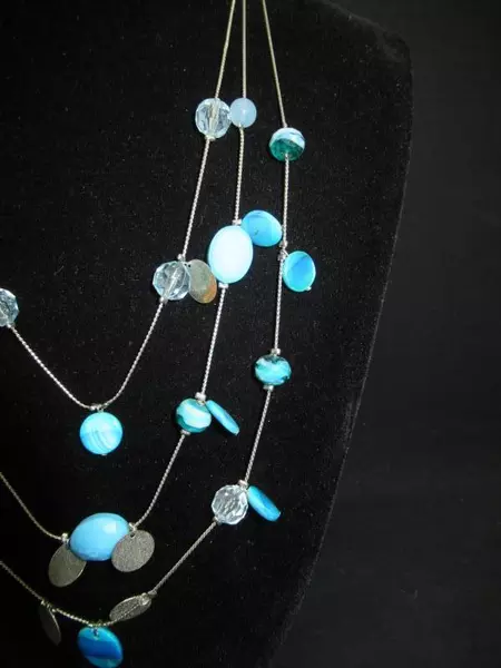 Triple Strand Adjustable Beaded Necklace Blue Silver Art Glass Beads