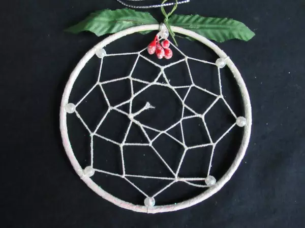 White Glitter Dream Catcher Christmas Ornament with Mistletoe Accents