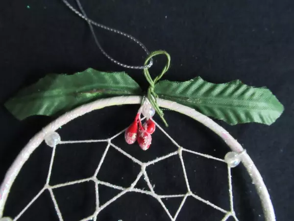 White Glitter Dream Catcher Christmas Ornament with Mistletoe Accents