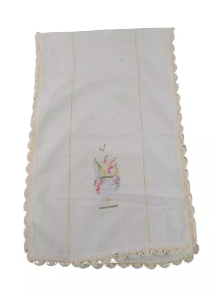 Vintage Ivory Table Runner Embroidered Vases Scalloped Trim 40"x12.5"