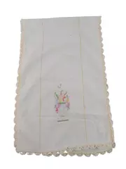 Vintage Ivory Table Runner Embroidered Vases Scalloped Trim 40"x12.5"