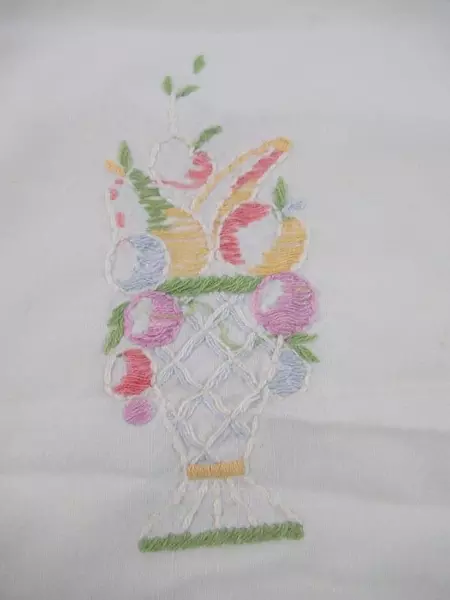 Vintage Ivory Table Runner Embroidered Vases Scalloped Trim 40"x12.5"