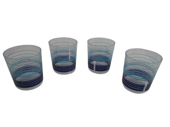 Lot of 4 Clear Plastic Tumblers with Blue Stripes - Picnic Drinkware Set
