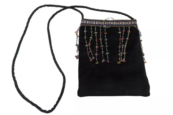 Faux Fur Black Crossbody Satchel Bag with Beaded Embroidery & Snap Closure