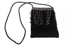 Faux Fur Black Crossbody Satchel Bag with Beaded Embroidery & Snap Closure