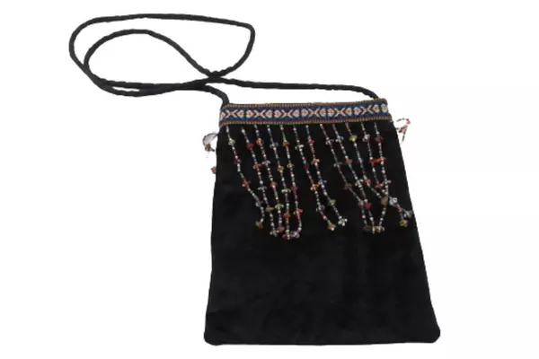 Faux Fur Black Crossbody Satchel Bag with Beaded Embroidery & Snap Closure