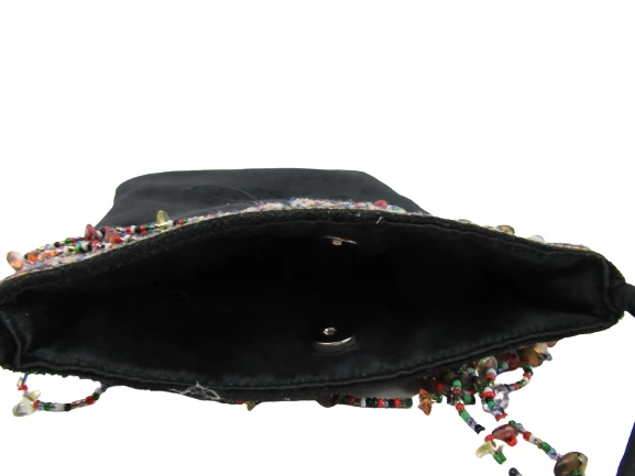 Faux Fur Black Crossbody Satchel Bag with Beaded Embroidery & Snap Closure