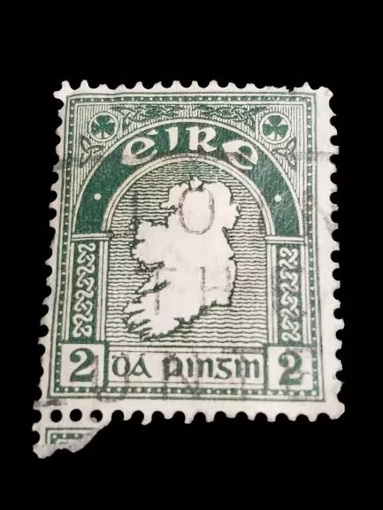 Rare 1930s Eire 2 Pinsin Green White Stamp with Tape on Back Used