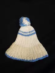 Antique Handmade Baby Hat Blue Stripes Pom-Pom Vintage Children's Clothing