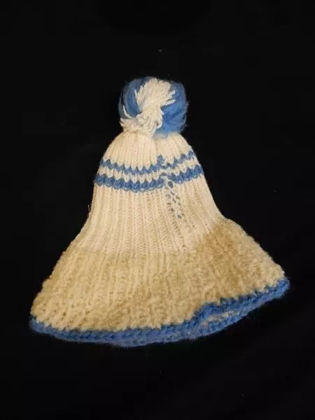Antique Handmade Baby Hat Blue Stripes Pom-Pom Vintage Children's Clothing