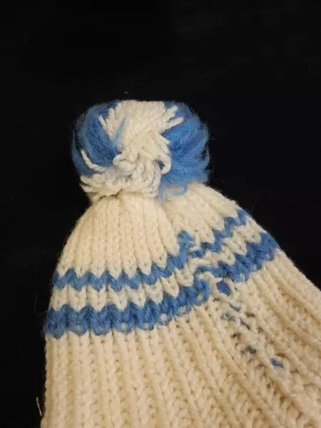 Antique Handmade Baby Hat Blue Stripes Pom-Pom Vintage Children's Clothing