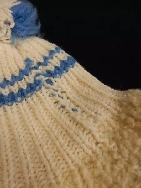 Antique Handmade Baby Hat Blue Stripes Pom-Pom Vintage Children's Clothing