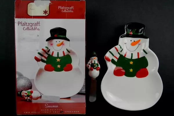 Pfaltzgraff Snowman Ceramic Tidbit Tray & Spreader Set - Hand-Painted Decor