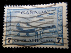 Used 1943 Canada Airmail Scott C8 7c Stamp Vintage Blue Collectible