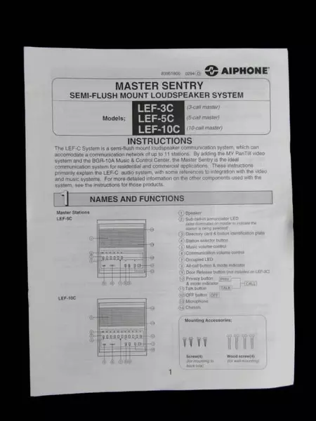 Aiphone Master Sentry Loudspeaker System Manual for LEF-3C, 5C, 10C