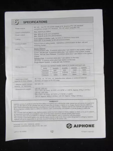 Aiphone Master Sentry Loudspeaker System Manual for LEF-3C, 5C, 10C
