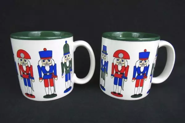 Set of 2 Ceramic Christmas Coffee or Cocoa Mugs Nutcrackers Green Blue White Red