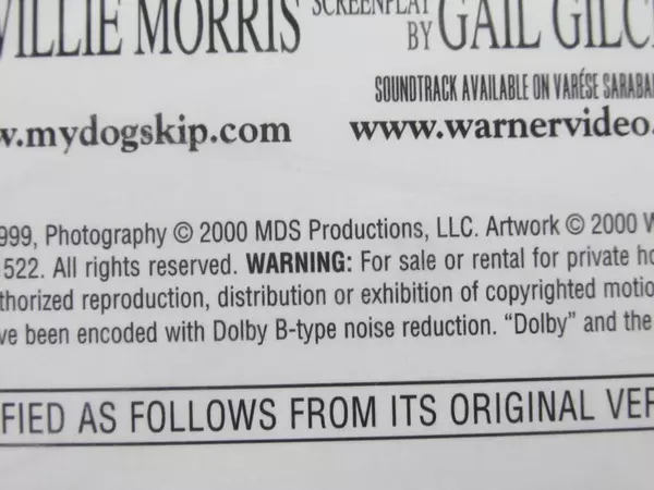 My Dog Skip VHS 1999 Warner Bros Family Film Kevin Bacon - Pre-owned