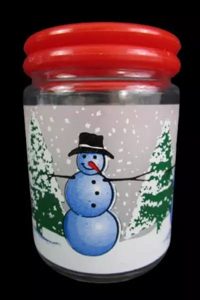 Frosted Glass Snowman Jar Red Plastic Lid Christmas Decor Kig Indonesia Vintage