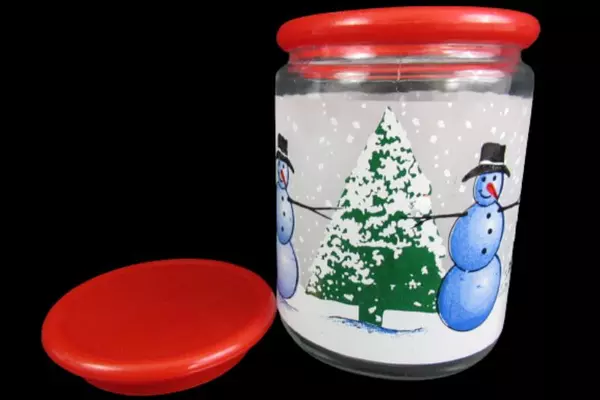 Frosted Glass Snowman Jar Red Plastic Lid Christmas Decor Kig Indonesia Vintage