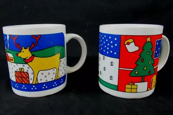 Set of 2 White Christmas Coffee Mugs with Holiday Scenes - Pre-Owned