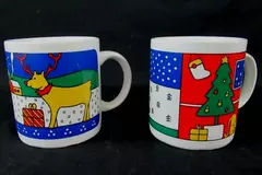 Set of 2 White Christmas Coffee Mugs with Holiday Scenes - Pre-Owned