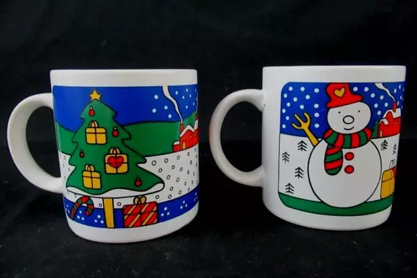 Set of 2 White Christmas Coffee Mugs with Holiday Scenes - Pre-Owned
