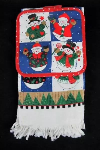 Vintage B&D Christmas Linens Set - Snowmen & Penguin Towels/Potholders Lot