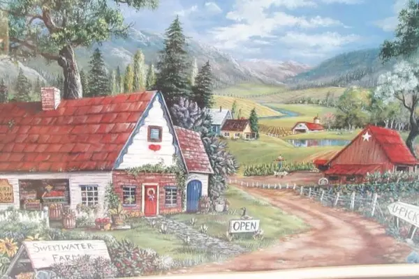 Framed Sweetwater Farm Signed Art Print by K. English Folk Country 24.5" x 18.5"