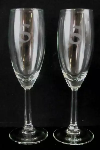 Set of 2 Etched Clear Glass Champagne Flutes with Octagon Stem Letter S
