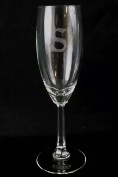 Set of 2 Etched Clear Glass Champagne Flutes with Octagon Stem Letter S