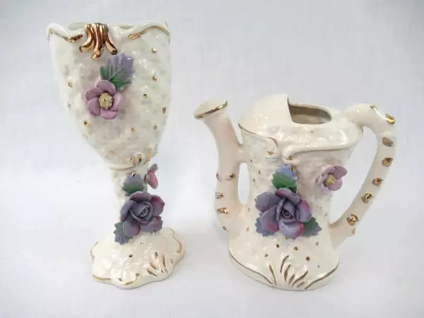 Set of 2 Vintage Ucagco Ceramic Vases Watering Can Goblet White Purple Floral