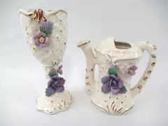 Set of 2 Vintage Ucagco Ceramic Vases Watering Can Goblet White Purple Floral