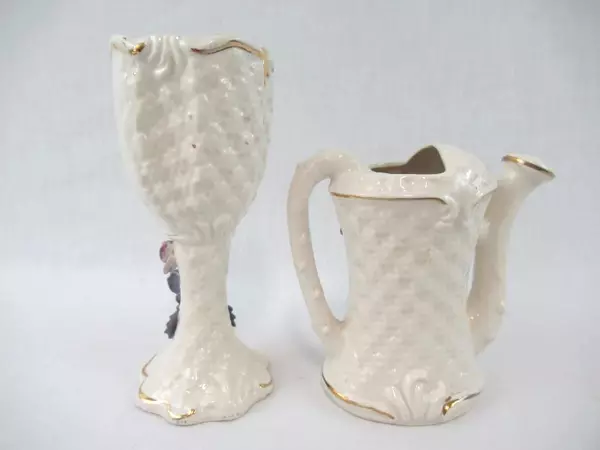 Set of 2 Vintage Ucagco Ceramic Vases Watering Can Goblet White Purple Floral