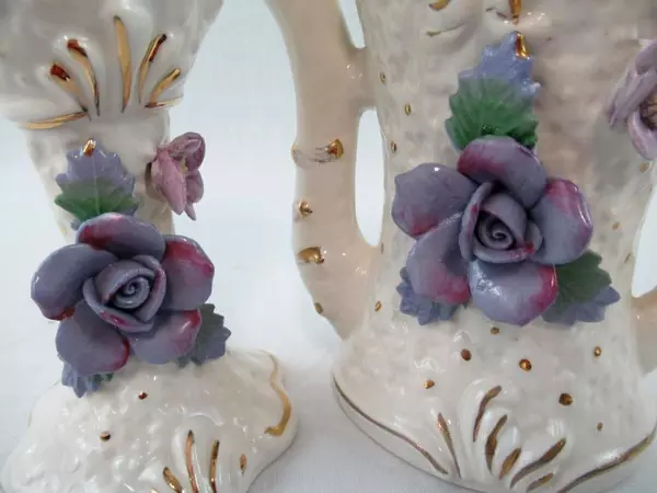 Set of 2 Vintage Ucagco Ceramic Vases Watering Can Goblet White Purple Floral