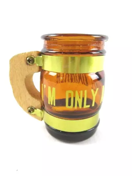 Amber Gold Tone Shot Glass "I'm Only A Small Drinker" with Wood Handle