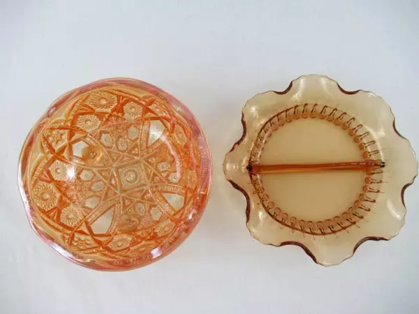 Lot of 2 Vintage Carnival Glass Bowl Marigold Orange Floral Amber Split Dish 