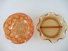Lot of 2 Vintage Carnival Glass Bowl Marigold Orange Floral Amber Split Dish 