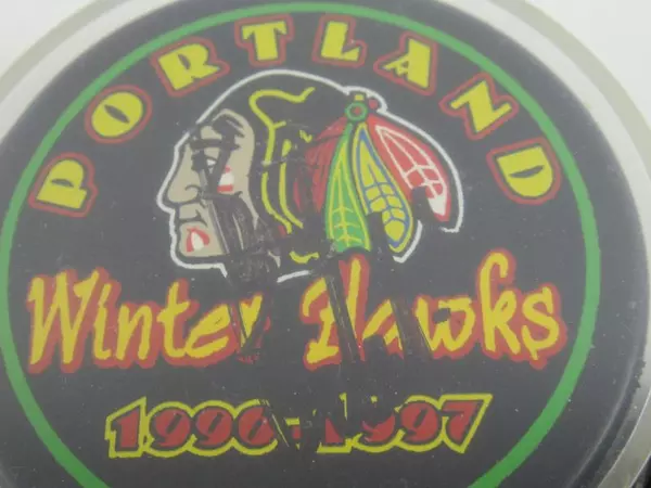 Autographed Portland Winter Hawks Hockey Puck 1996-1997 WHL Souvenir Display