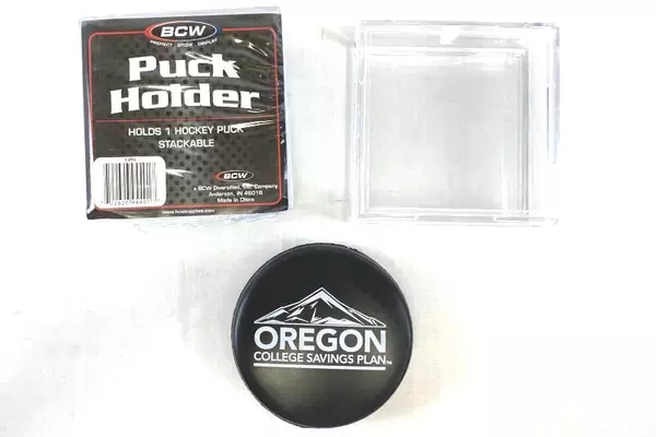 Lot of 2 Clear Hockey Puck Holders & Oregon College Savings Foam Puck