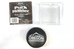 Lot of 2 Clear Hockey Puck Holders & Oregon College Savings Foam Puck