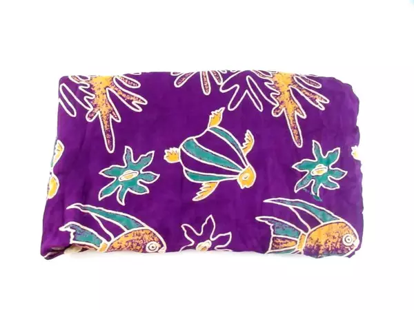 Purple Batik Shawl Wrap Floral Fish Design Fringe Ends 100% Rayon India
