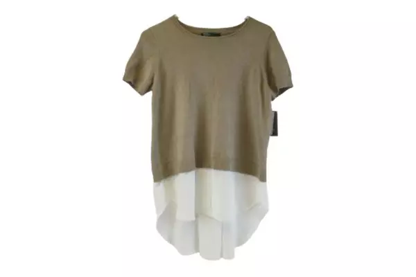 89th & Madison Women's Small Beige White Short Sleeve Sweater Top NWT