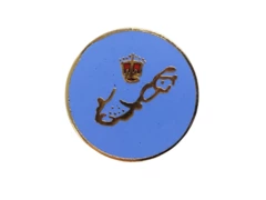 Vintage Gold Tone Family Crest Pin with Periwinkle Blue Background 0.5"