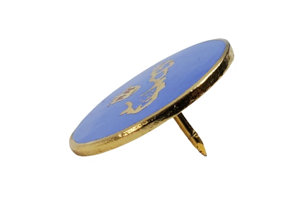 Vintage Gold Tone Family Crest Pin with Periwinkle Blue Background 0.5"