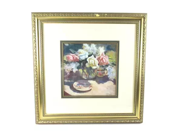 Framed Art Print Glass Vase with Roses and Lilacs Still Life Decor Kaiser Matted
