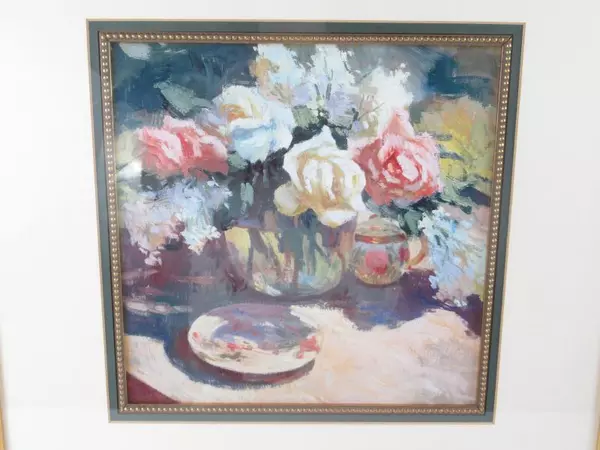 Framed Art Print Glass Vase with Roses and Lilacs Still Life Decor Kaiser Matted